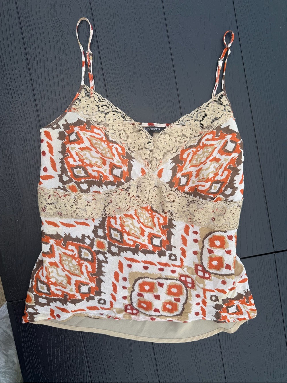 Sleeveless Lace-Trim y2k Cami Tank in Orange & Brown Print